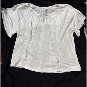 Lucky Brand White Embroidered Blouse Women's L Cotton Boho Peasant Top